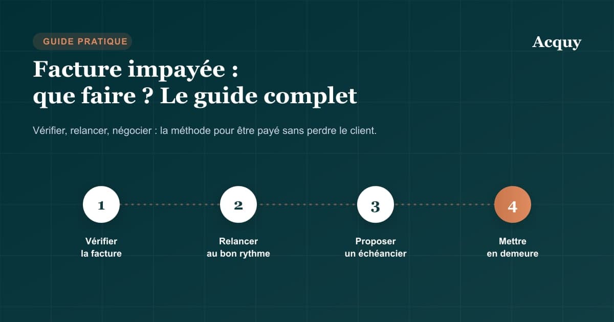 Les 4 étapes face à une facture impayée : vérifier la facture, relancer au bon rythme, proposer un échéancier, mettre en demeure
